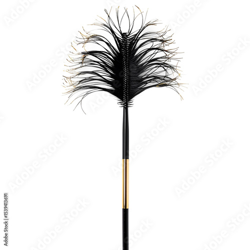 Elegant black and gold feather tickler with long handle isolated on transparent background