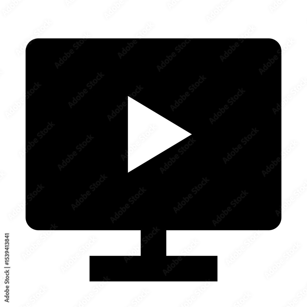 Black screen with a white play button on a monitor standing on a black base in a simple vector design Black screen with a white play button on a monitor standing on a black base in a simple vector design