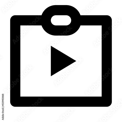 Black outline of clipboard with rounded corners and play button in the center of the page