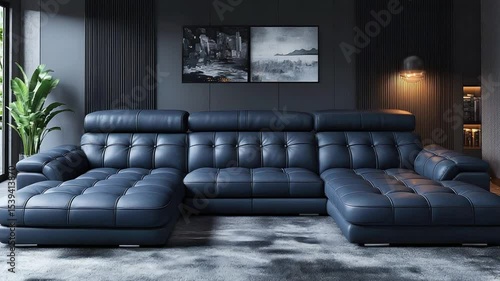 Dark blue leather sectional sofa in a modern living room