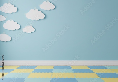 Pastel playroom background with clouds, soft blue wall and checkerboard floor tiles, perfect for kids