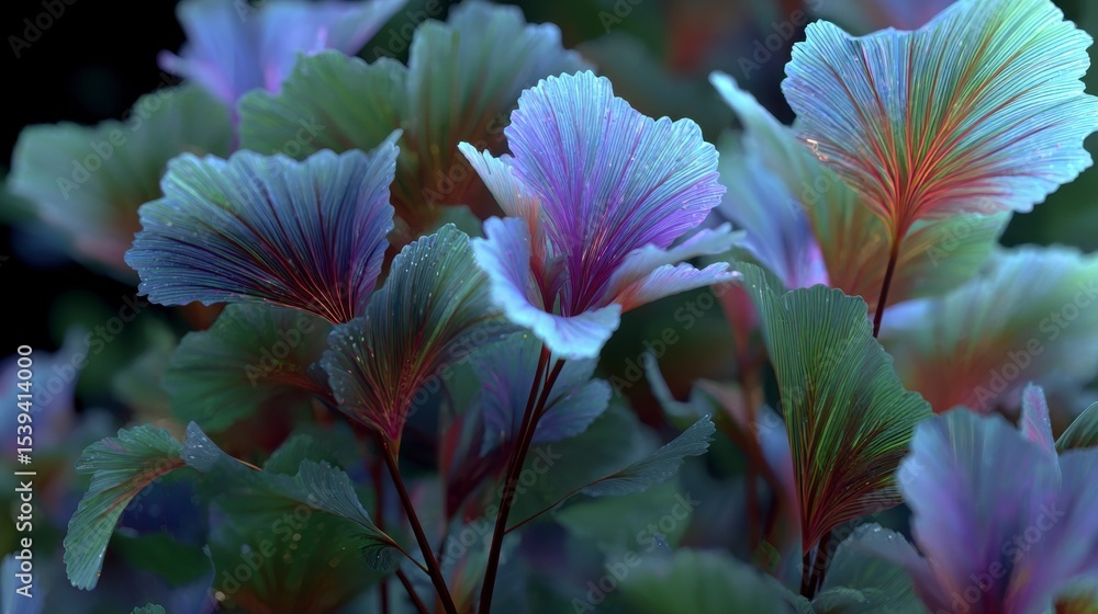 Fototapeta premium Surreal Ginkgo Biloba Leaves Close up Macro Photography of Vibrant Purple and Blue Foliag