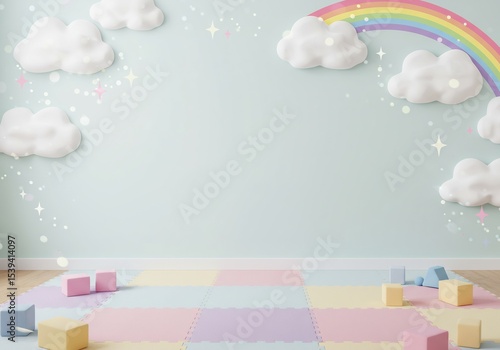 Pastel Playroom Background with Rainbow and Clouds for Kids Room Decor