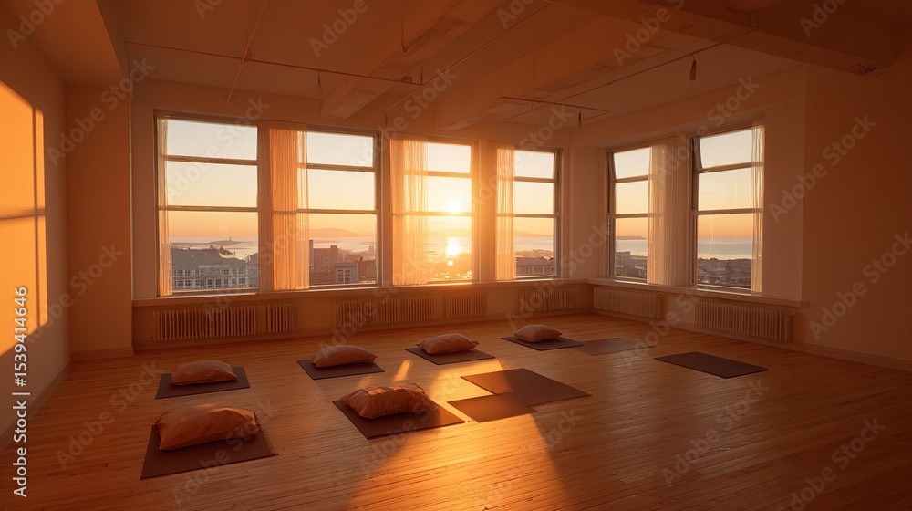Obraz premium Sunrise illuminates a minimalist yoga studio with hardwood floors, large windows offering a cityscape view, and several mats & cushions arranged for a class