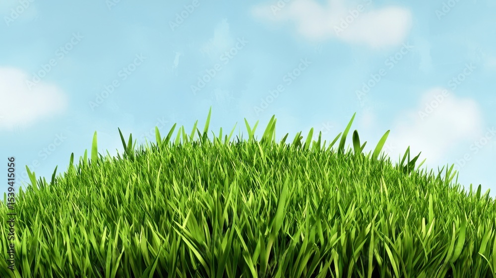 Fototapeta premium Lush Green Grass Patch Under a Blue Sky with Fluffy Clouds in Bright Daylight