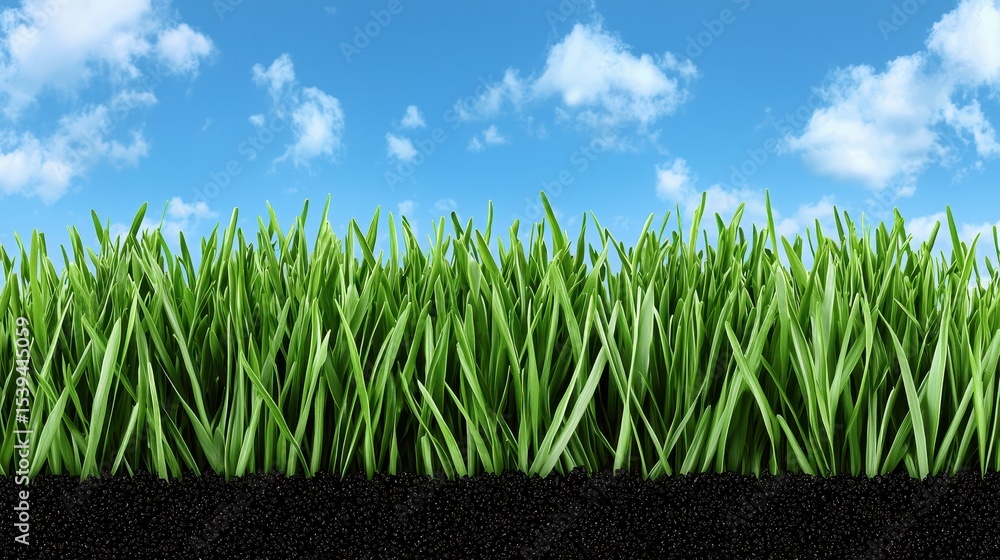 Obraz premium Lush Green Grass Growing from Rich Black Soil Under a Fluffy Cloud Blue Sky