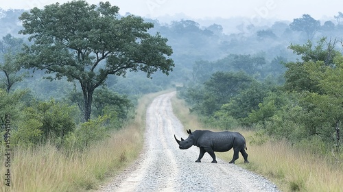 White rhinoceros walks along a dirt road in a misty savanna.