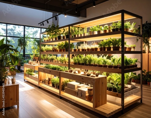Indoor plant shop, multiple wooden shelves