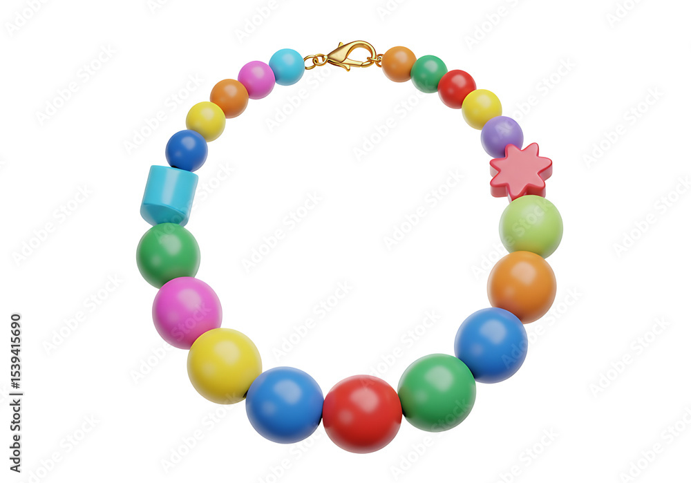 Colorful Necklace with Wooden Beads and Gold Clasp on White Background Colorful Necklace with Wooden Beads and Gold Clasp on White Background