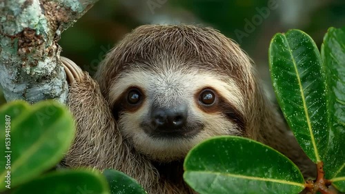 A baby sloth in the rainforest canopy, framed by natural greenery, captured with intricate details and warm tones.
