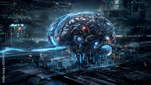 Futuristic Digital Brain with Data Flow and Electric Currents
