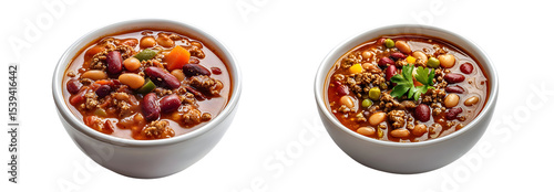Two bowls of hearty chili featuring beans, meat, and vegetables. isolated on transparent background