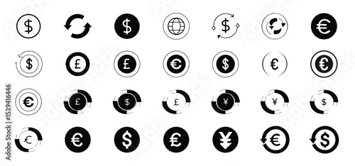 Collection of financial vector icons depicting currency symbols like dollar euro pound and yen with exchange rate arrows.