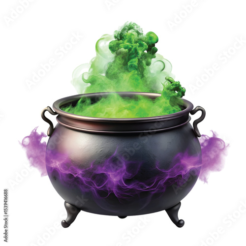 Cauldron with Purple Smoke: realistic PNG of black iron cauldron bubbling over with green brew and purple smoke, Halloween witch theme, transparent background