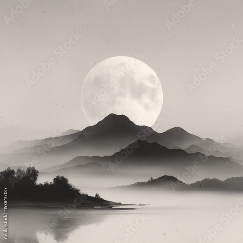 Minimal ink wash style landscape featuring full moon above misty mountains and tranquil lake, evoking serene atmosphere and traditional Chinese aesthetics, symbolic of Mid-Autumn Festival and poetic n