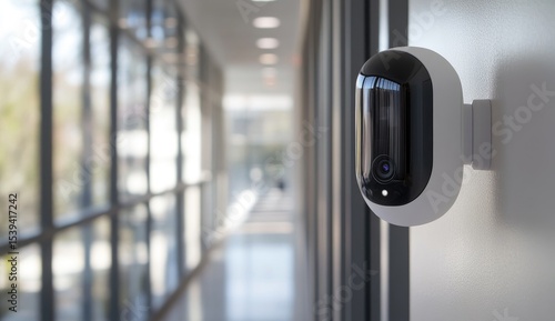 Security camera mounted on a wall in a modern hallway