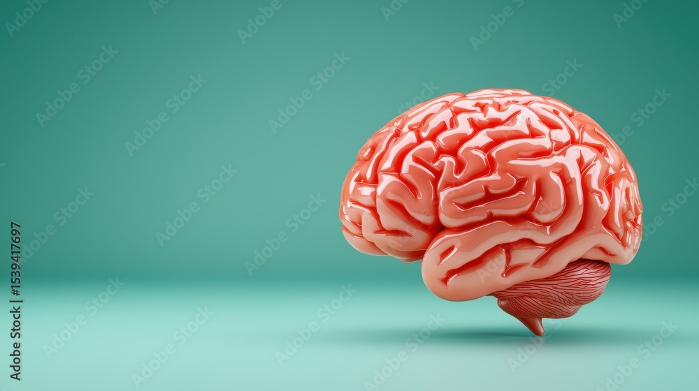 Realistic 3D Render of Human Brain Coral Pink on Teal Background Realistic 3D Render of Human Brain Coral Pink on Teal Background