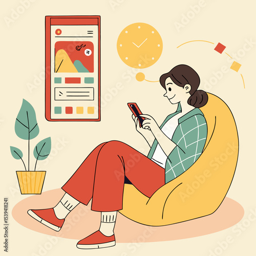 Young Woman Engaged with Mobile Phone in Cozy Indoor Space