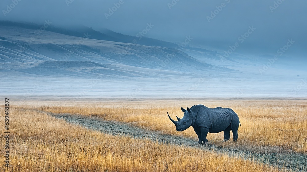Fototapeta premium A solitary black rhinoceros stands in a vast, golden savanna landscape.