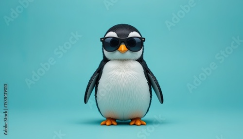A cute penguin wearing sunglasses poses against a teal background.