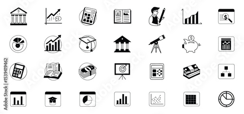 Black and white icon set featuring financial analysis accounting education and data representation for digital designs