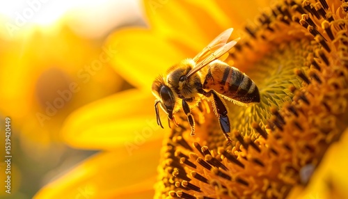 Bee pollinating sunflower at sunset.