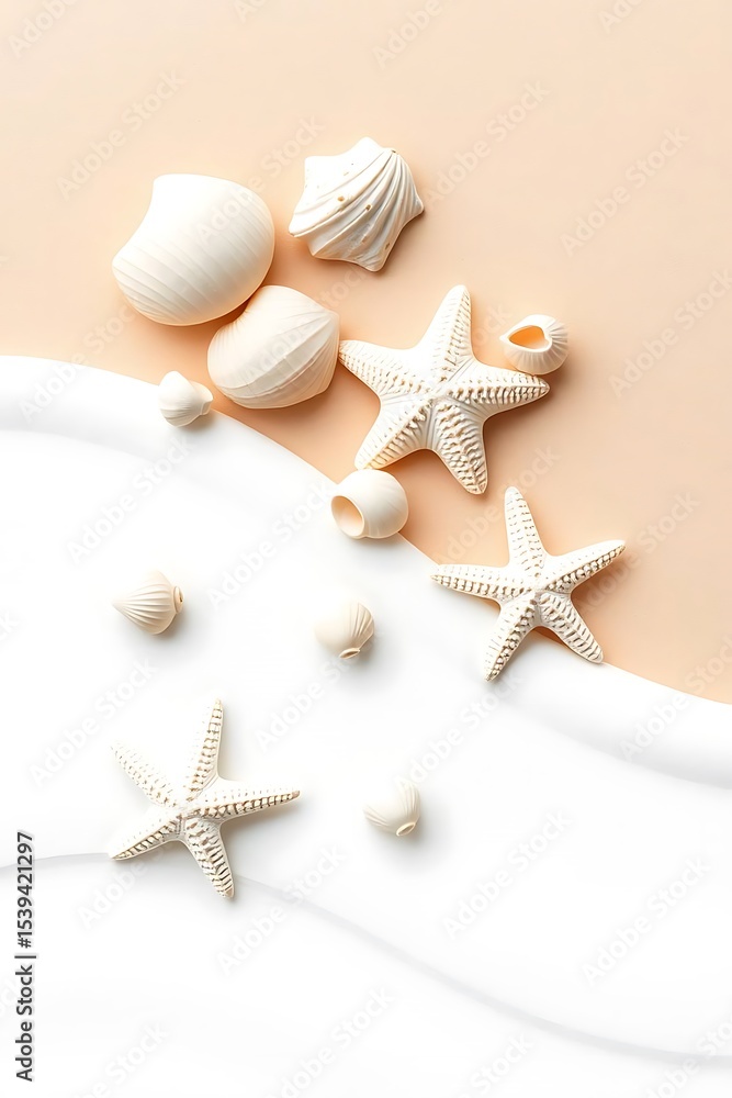 White seashells and starfish arranged on a cream and white background White seashells and starfish arranged on a cream and white background