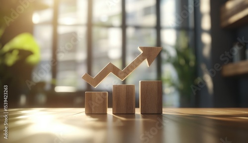 Wooden upward trend graph on a table, sunlit room in background