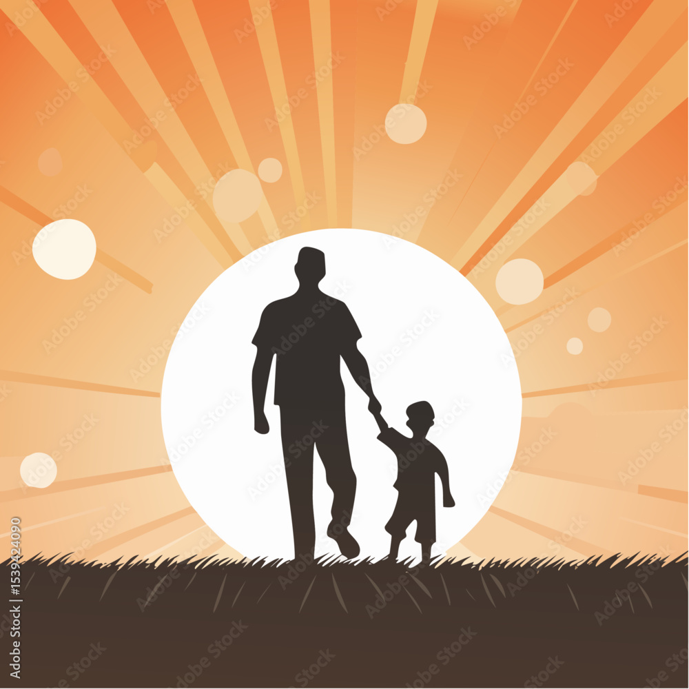 Silhouette of a father and child walking together against a sunset background Silhouette of a father and child walking together against a sunset background