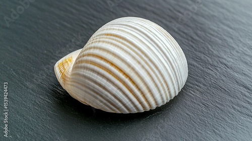 White ribbed seashell on dark background close up