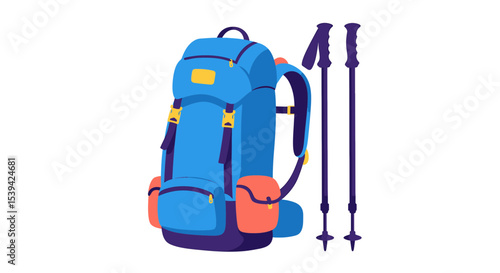 Illustration of a blue hiking backpack with orange pockets and two trekking poles standing upright