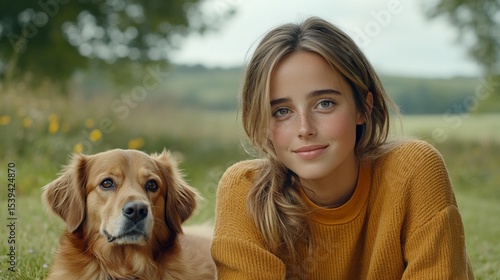 Woman and golden retriever outdoors pet owner portrait nature scene