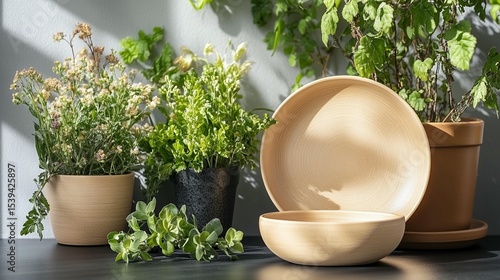 Wooden bowls and potted plants home decor still life