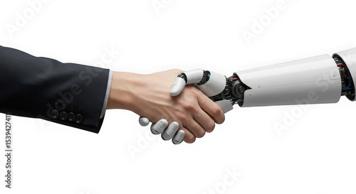 A human hand and a robot hand shaking against a stark transparent background scene
