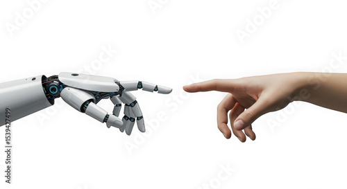 Robot hand and human hand touching fingers on a transparent background close up