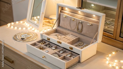 A luxurious beige velvet jewelry box with led lights is open displaying various gold and silver jewelry pieces including rings earrings necklaces and bracelets