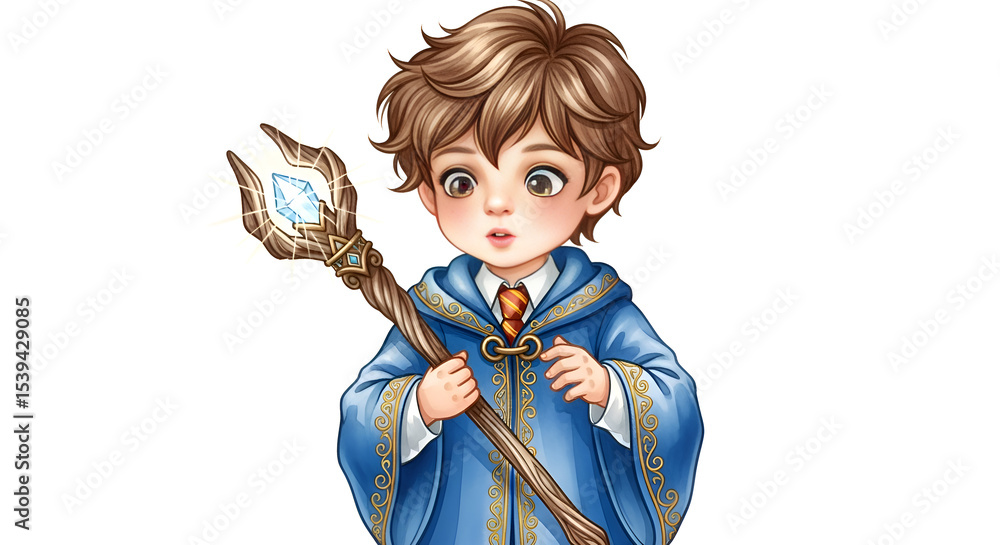 Fototapeta premium A curious boy wizard in a blue robe holding a magic staff, clean white background, watercolor style
