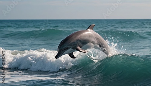 Adorable baby dolphin jumping ocean waves mother