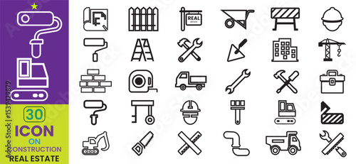 Collection of real estate and construction vector icon element. The icon including crane, truck, hammer,  vehicle, helmet, paint brush, ladder, brick, excavator, engineering building tools and more