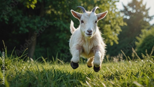 Adorable pygmy goat jumping green grass meadow