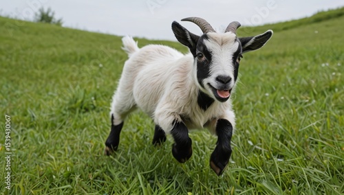 Adorable pygmy goat jumping green grass meadow