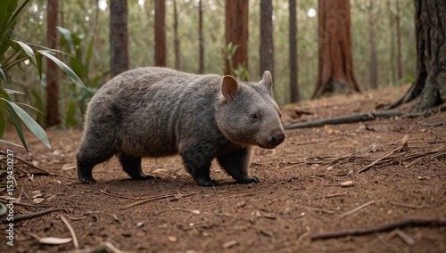 Adorable wombat walking eucalyptus forest ground Australia