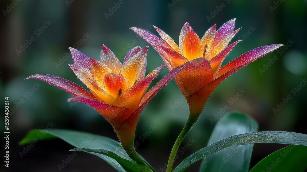 Fototapeta premium Vivid Tropical Flowers Dew Kissed Bromeliads Exotic Bloom Summer Botany