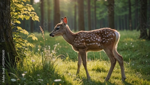 Beautiful deer fawn grazing peaceful forest meadow