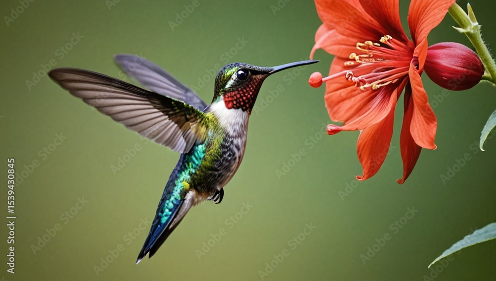 Naklejka premium Beautiful hummingbird hovering red flower nectar feeding
