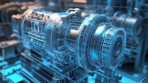 A blue and silver machine with a blue and silver engine. The engine is a part of a larger machine