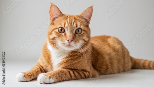 Beautiful orange tabby cat lying gracefully white background