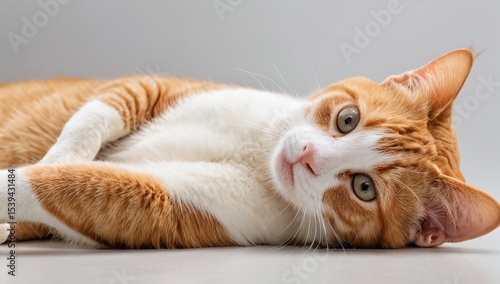 Beautiful orange tabby cat lying gracefully white background