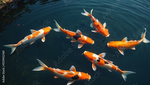 Beautiful koi fish swimming clear pond water