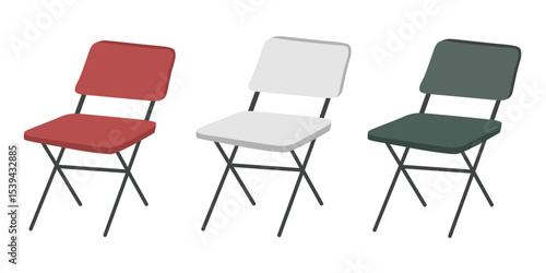 Portable chair vector set. Folding chair clipart set. Camping or picnic element. Outdoor equipment. Flat vector in cartoon style isolated on white background.